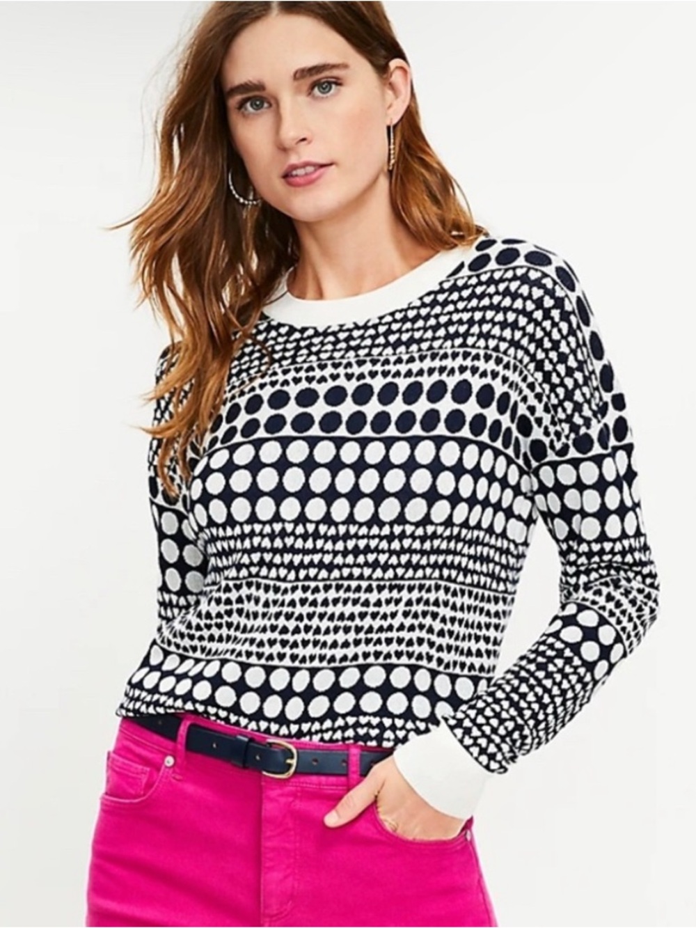 LOFT Black & White Geometric Dot & Heart Crewneck Sweater